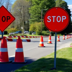 Construction site in Bucks County with road work signs