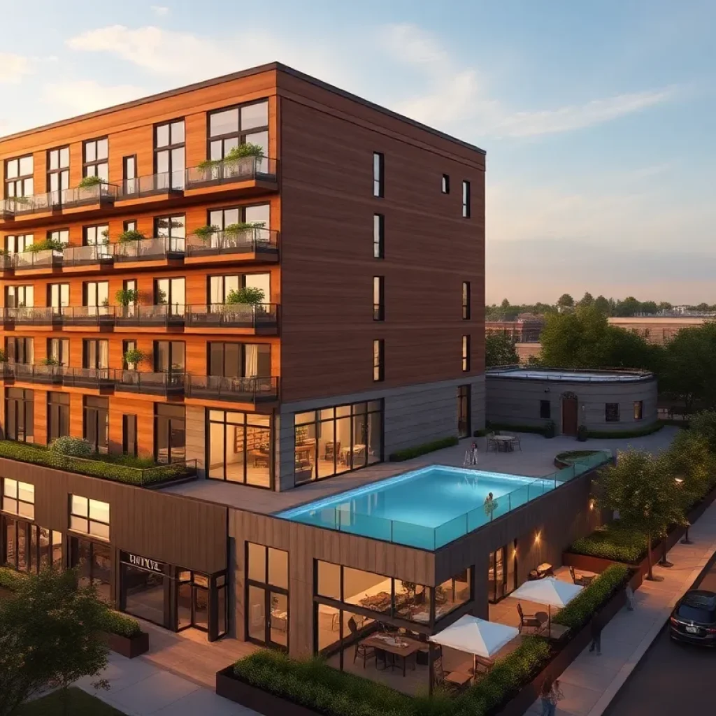 Rendering of seven-story Clock Tower Residences beside historic Heights Clocktower in Houston