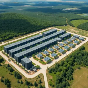 Aerial view of a Pennsylvania data center surrounded by greenery