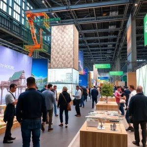 Participants exploring sustainable architecture displays at a green building expo.