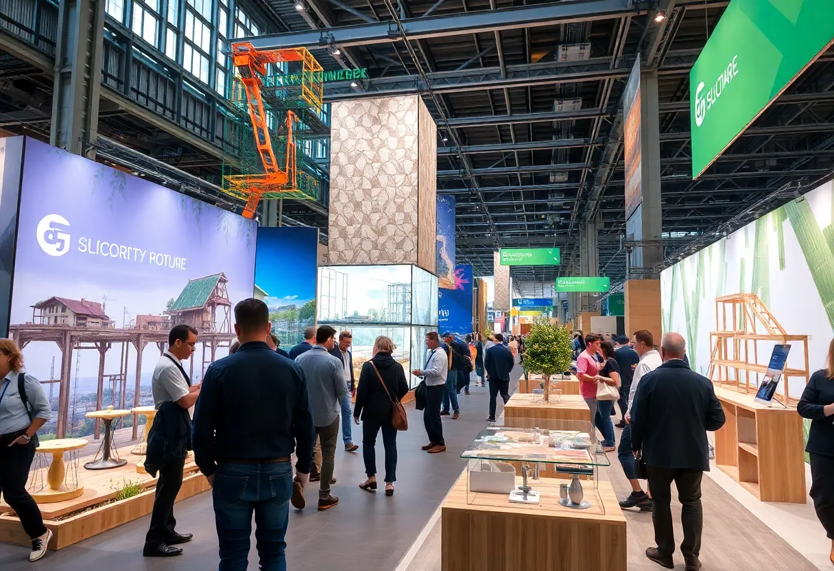 Participants exploring sustainable architecture displays at a green building expo.