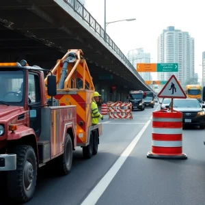 Construction site on Langhorne-Yardley Road with workers and vehicles