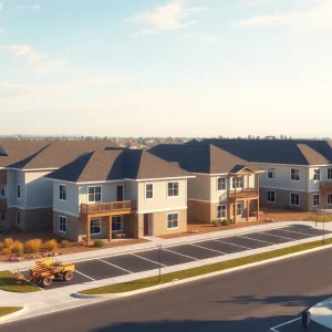 Rendering of Marshview Apartments construction showing four low‑rise buildings, garages and surface parking