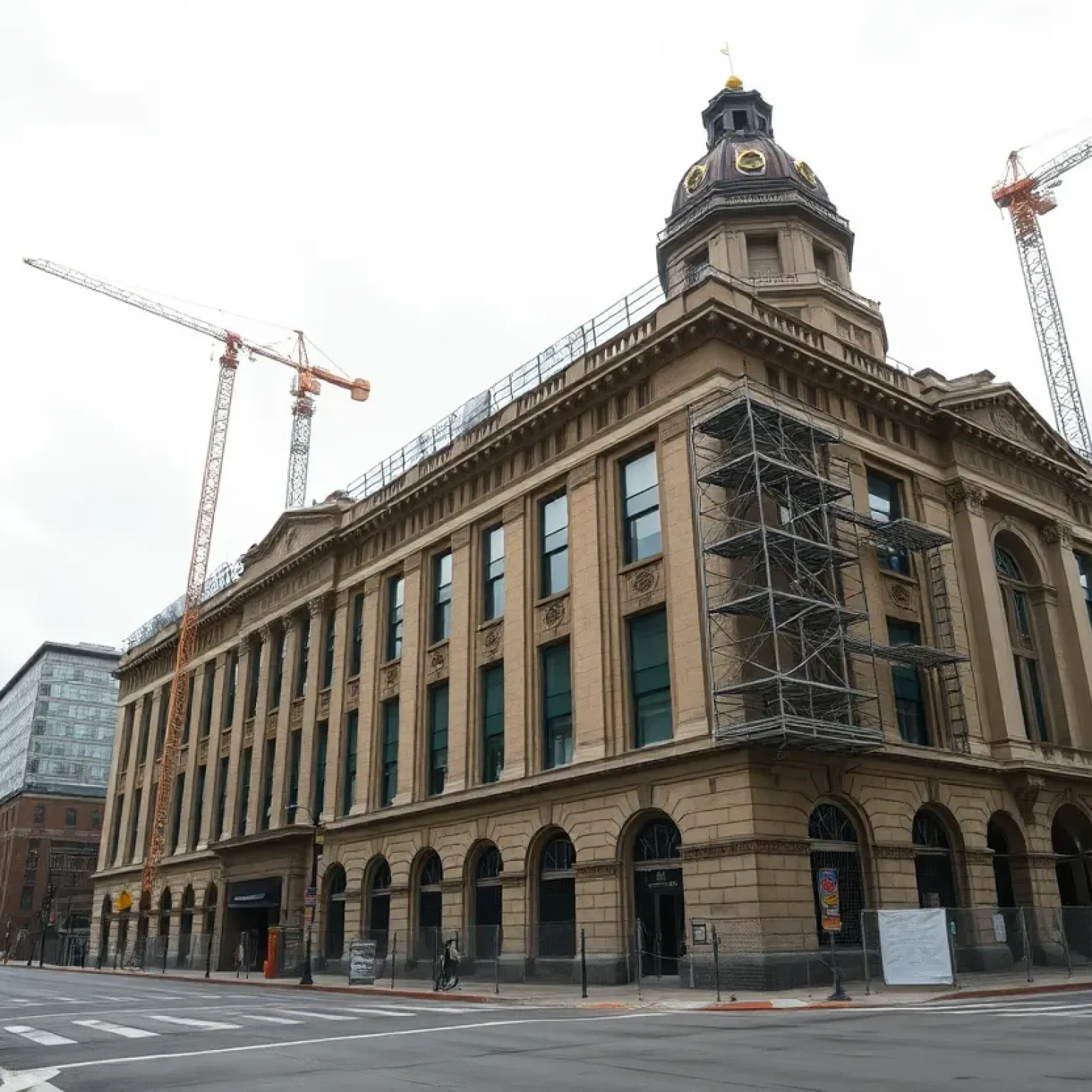 Concept view of the Safety Building site with proposed courthouse massing, cranes and construction staging in downtown Milwaukee