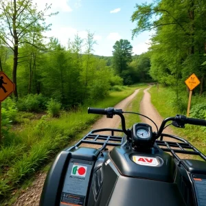 An ATV trail in Pennsylvania with safety signs and lush surroundings