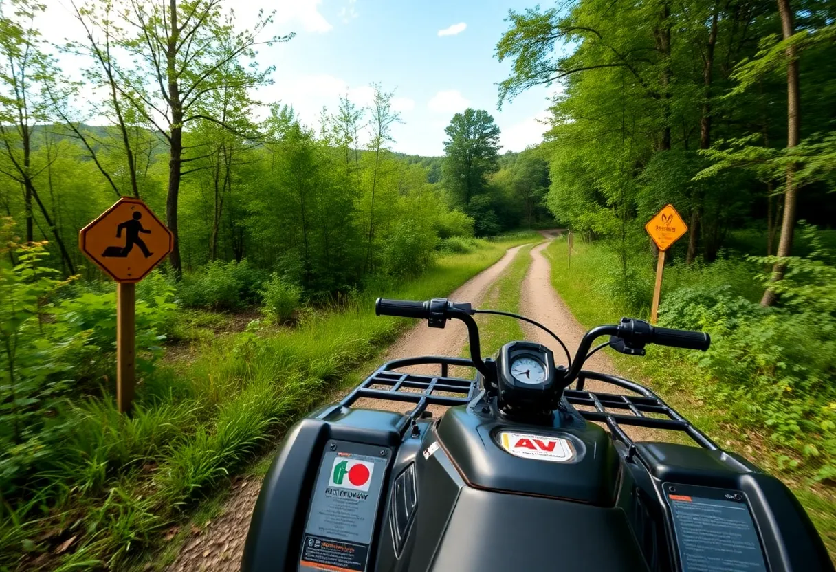 An ATV trail in Pennsylvania with safety signs and lush surroundings