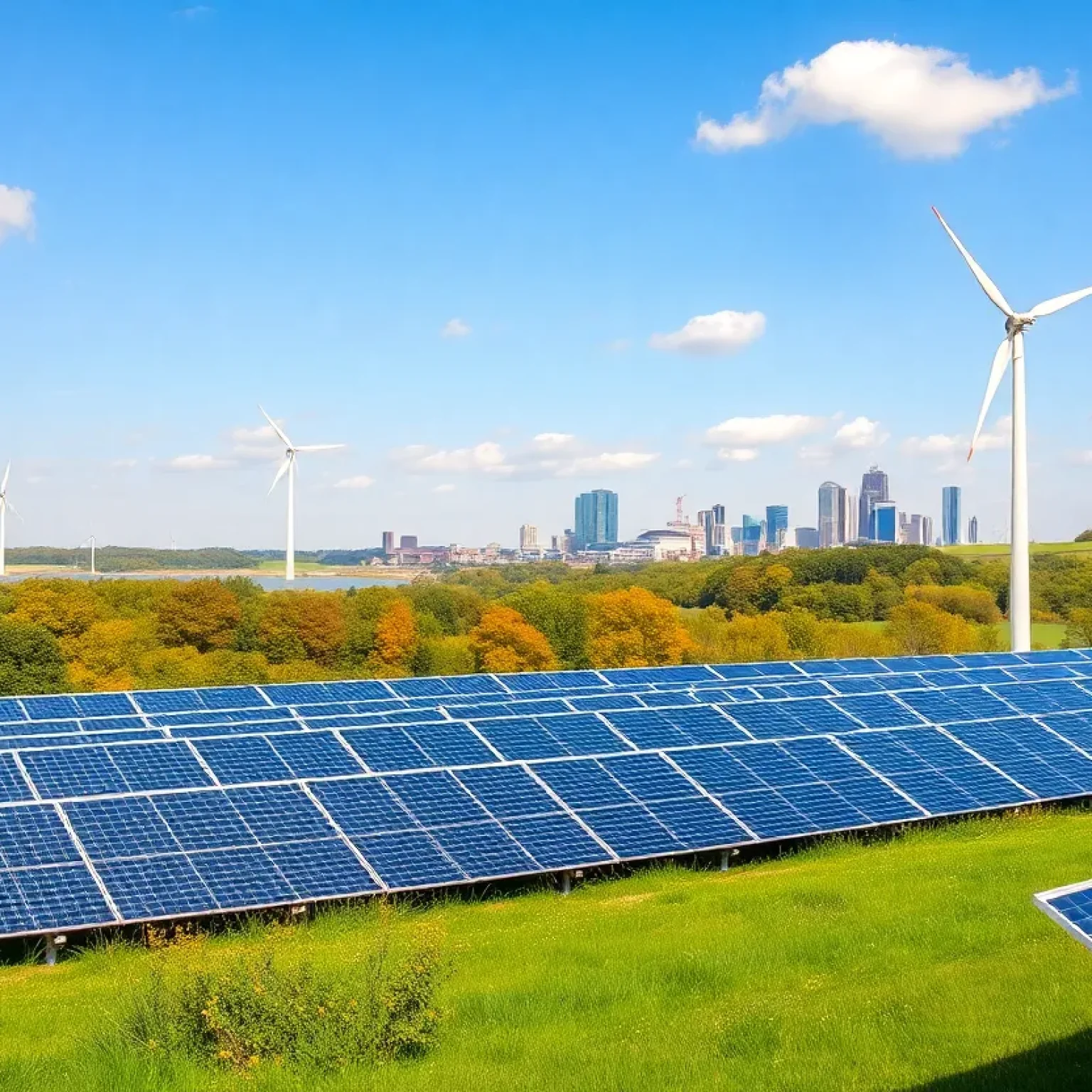 A picturesque view of solar panels and wind turbines in Pennsylvania's landscape.