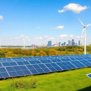 A picturesque view of solar panels and wind turbines in Pennsylvania's landscape.