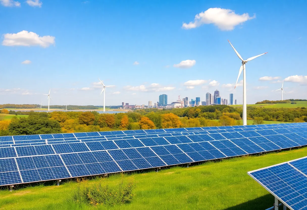 A picturesque view of solar panels and wind turbines in Pennsylvania's landscape.
