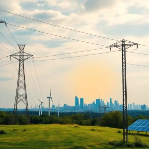 A scenic view of Pennsylvania's energy landscape with wind turbines and city skyline.