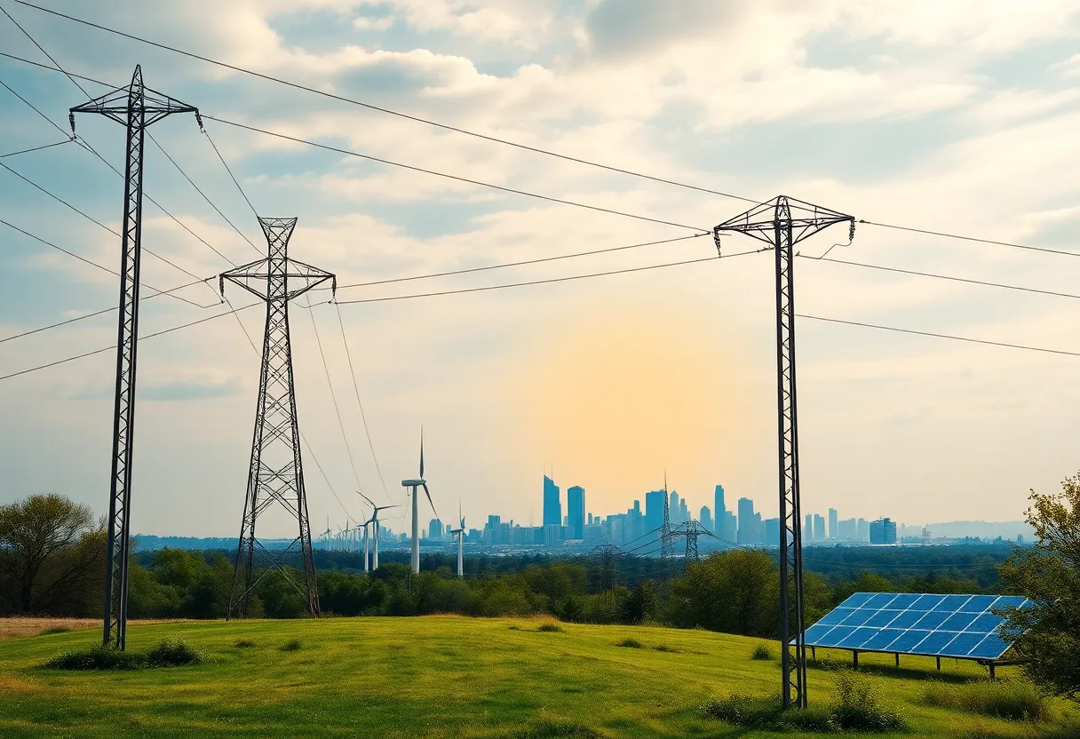 A scenic view of Pennsylvania's energy landscape with wind turbines and city skyline.