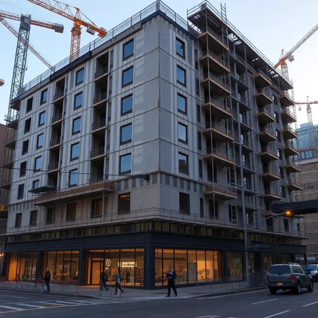 14-story multifamily building under construction on a busy Queens boulevard with cranes and ground-floor retail